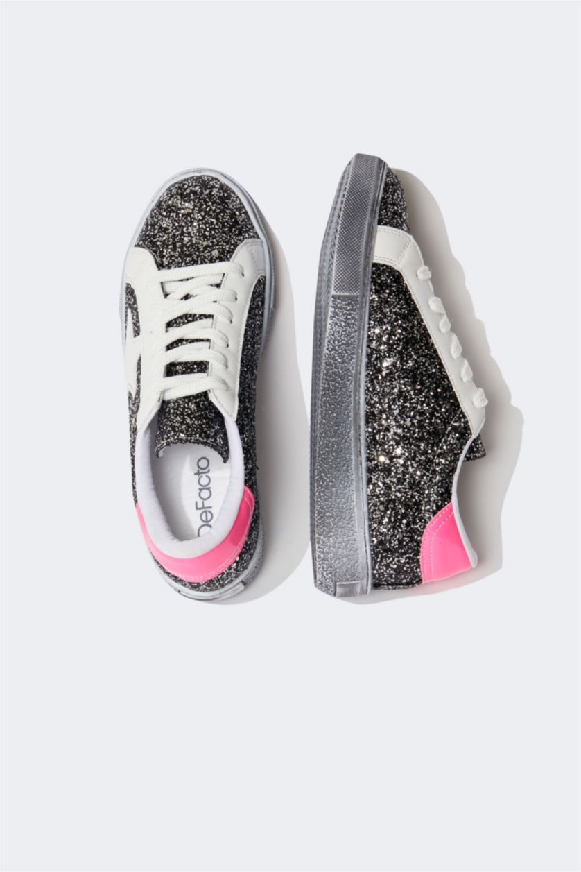 Kadın Gri Kadın Bağcıklı Suni Deri Simli Sneaker Spor Ayakkabı
