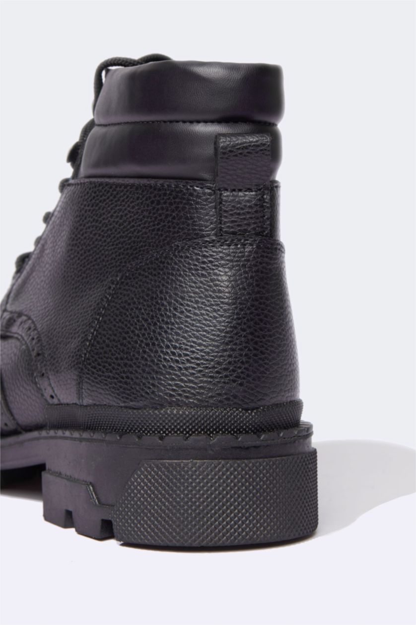 Erkek Siyah Erkek Bağcıklı Yüksek Taban Suni Deri Bot