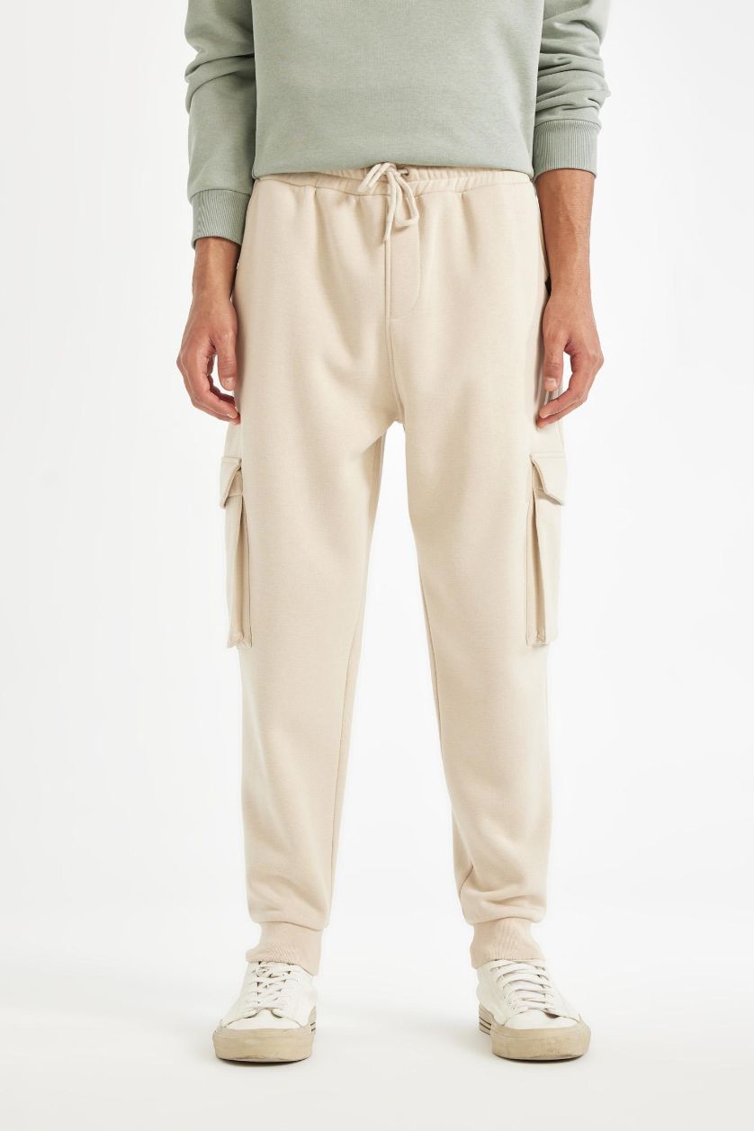 Erkek Taş Regular Fit Jogger Eşofman Altı Kargo Cepli Basic Düz Beli Bağcıklı Lastikli Paça