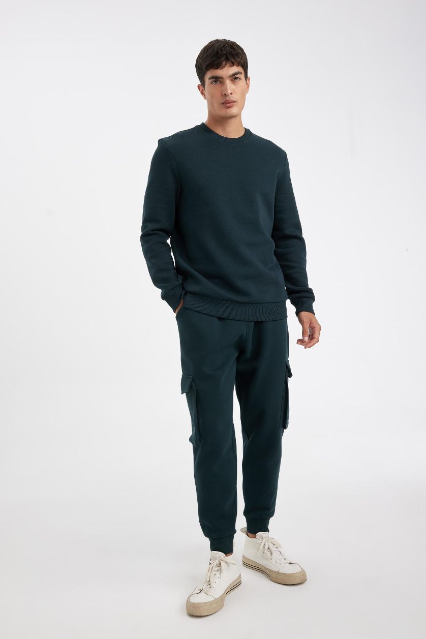 Erkek Koyu Yeşil Regular Fit Jogger Eşofman Altı Kargo Cepli Basic Düz Beli Bağcıklı Lastikli Paça