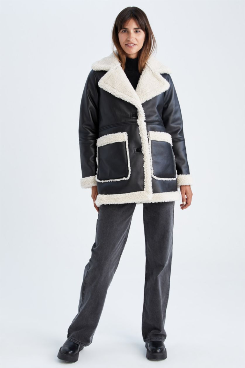 حريمي أسود Faux Leather Jacket