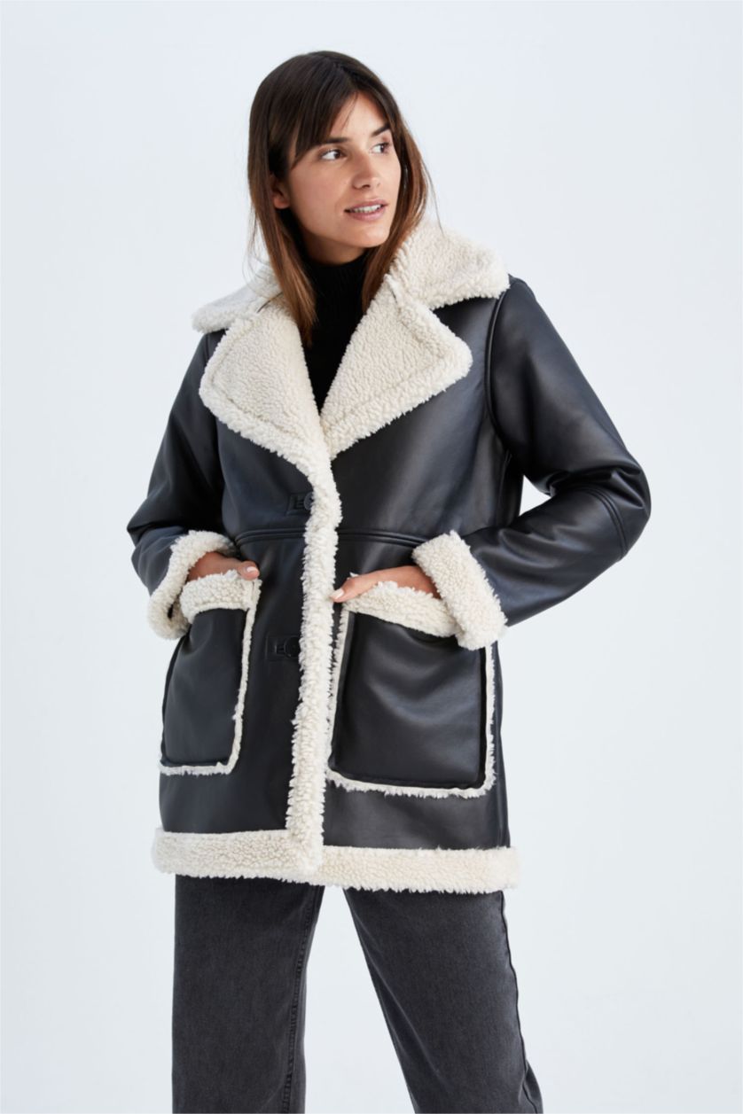 حريمي أسود Faux Leather Jacket