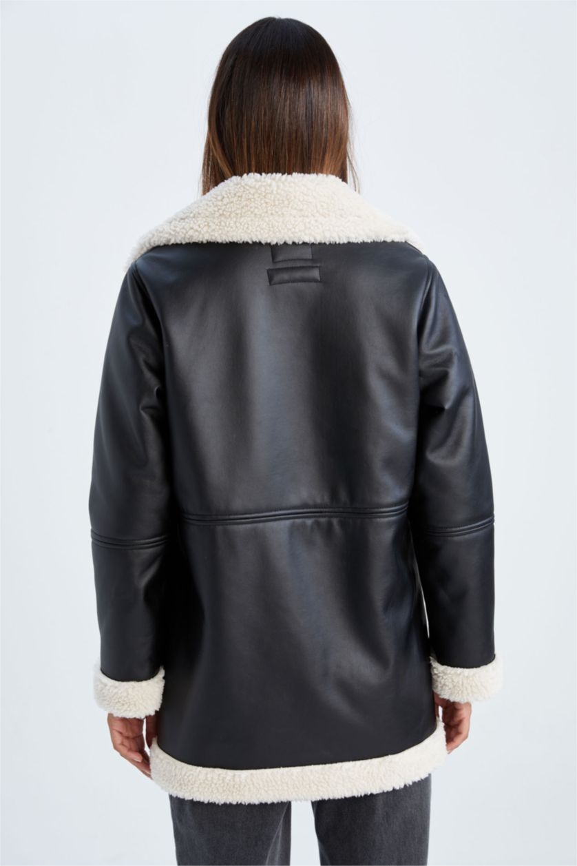 حريمي أسود Faux Leather Jacket