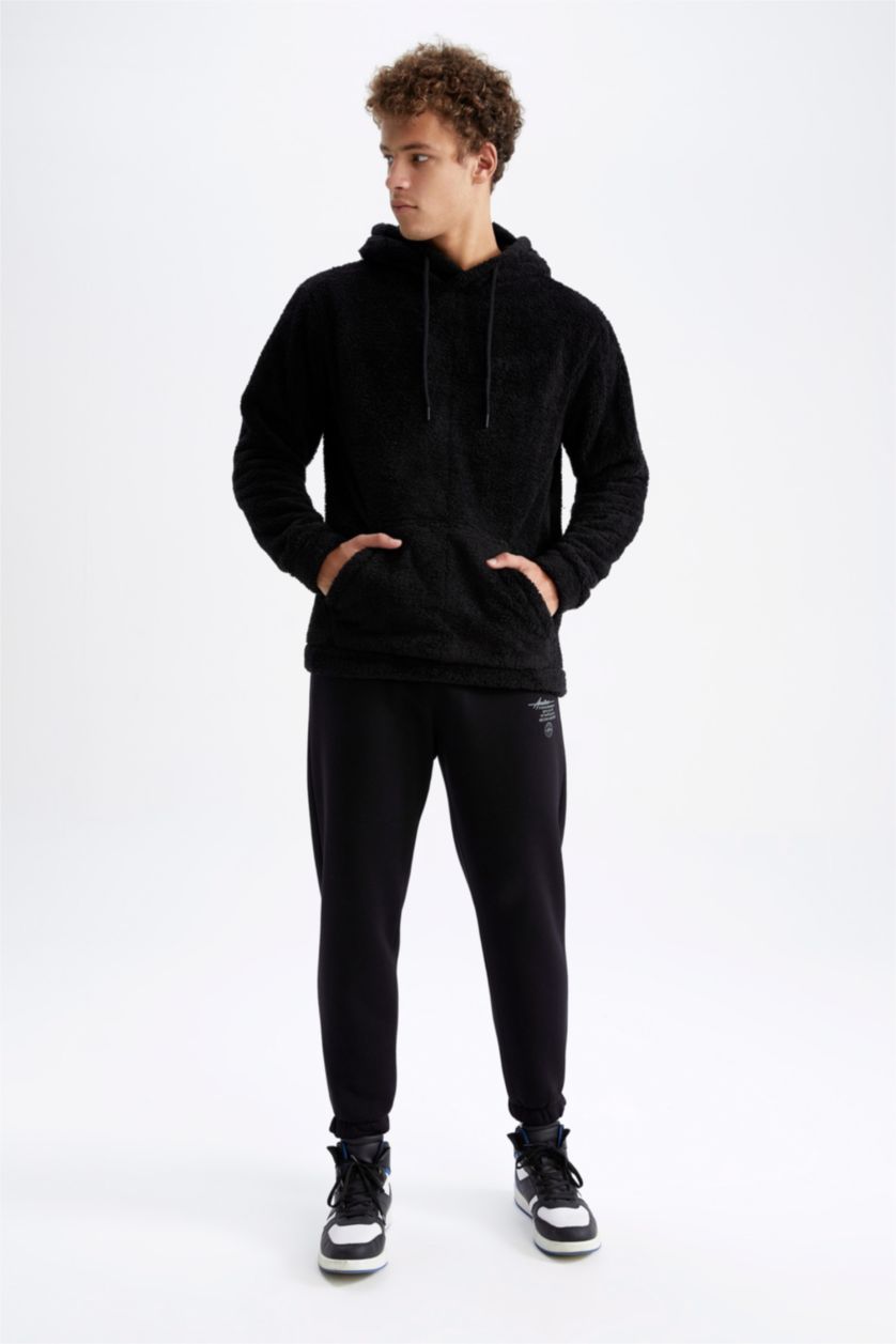 Erkek Siyah Regular Fıt Pelüş Sweatshirt