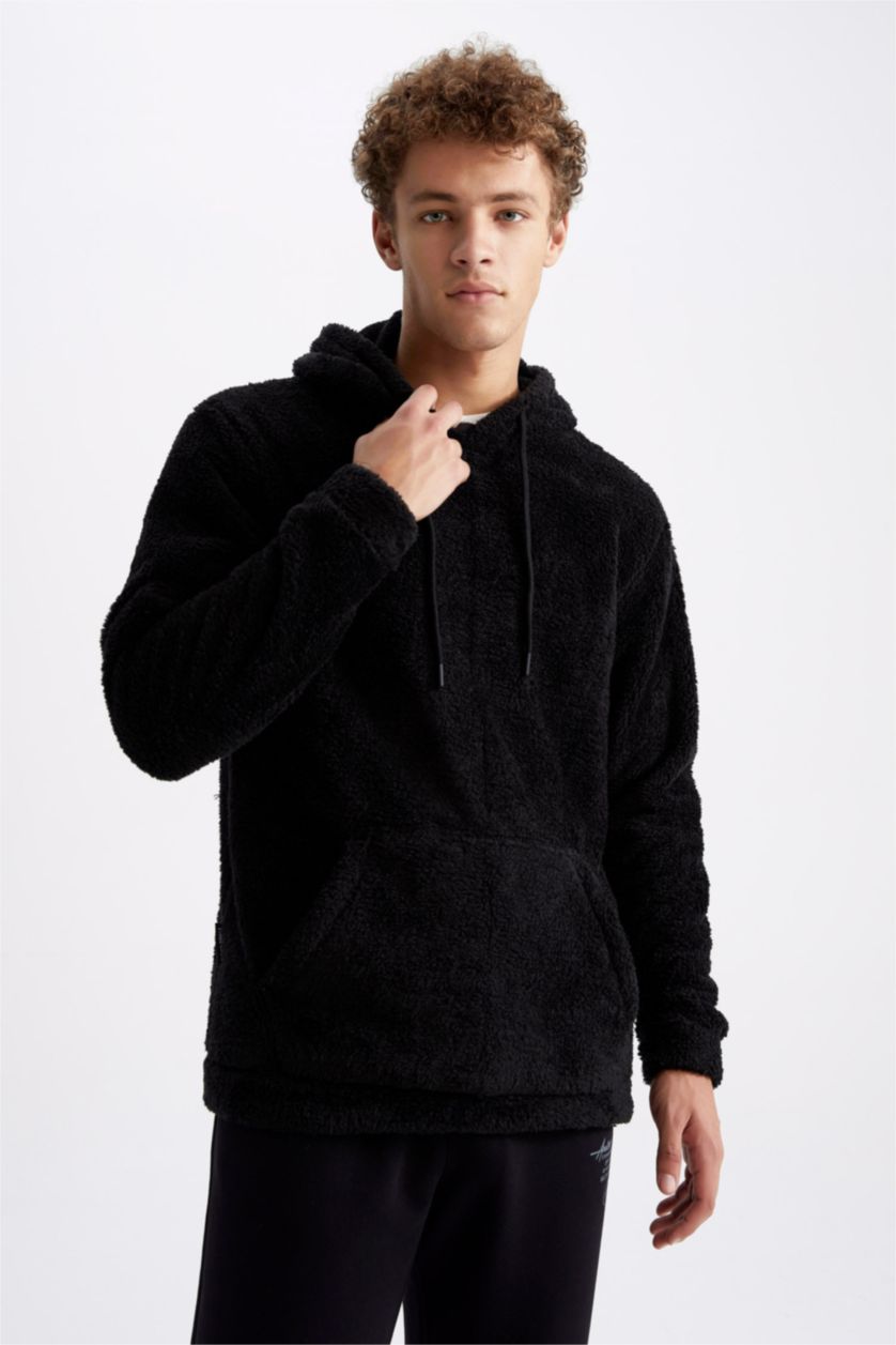 Erkek Siyah Regular Fıt Pelüş Sweatshirt