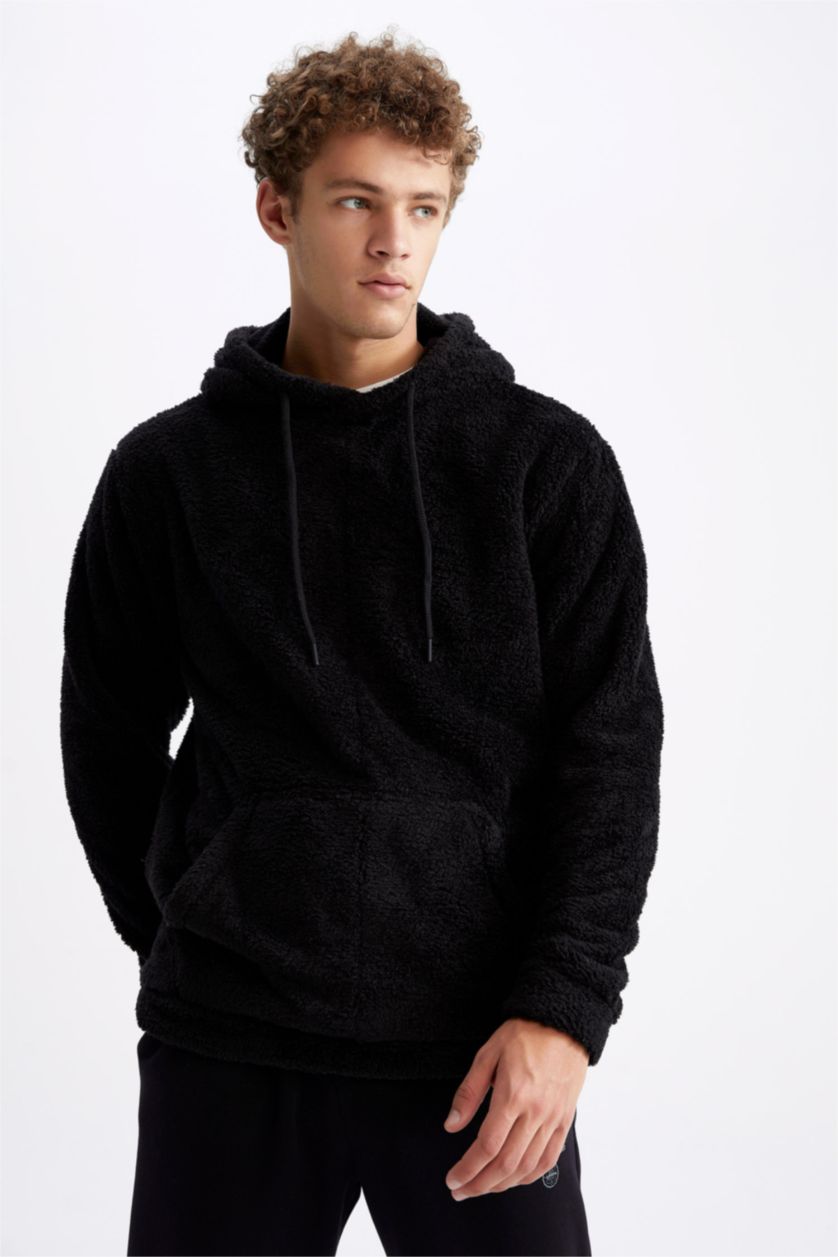 Erkek Siyah Regular Fıt Pelüş Sweatshirt