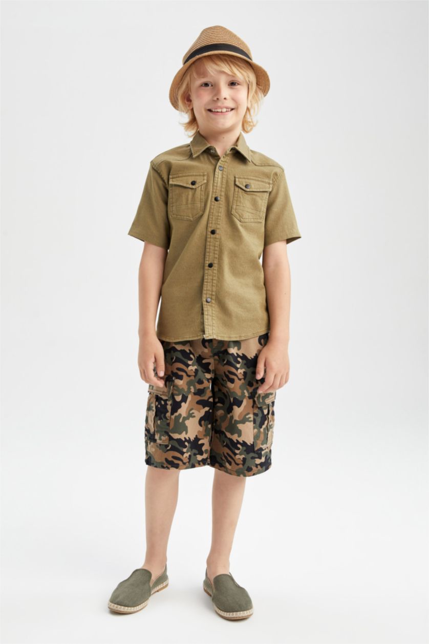 GARÇONS Kaki Short en gabardine avec poches cargo