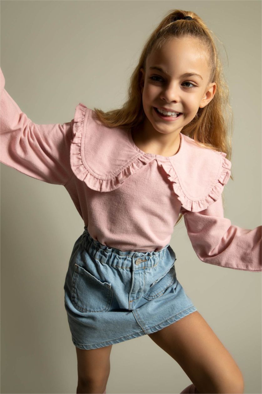 بنات وردي بلوزة بناتي قطن بياقة عريضة وأكمام طويلة