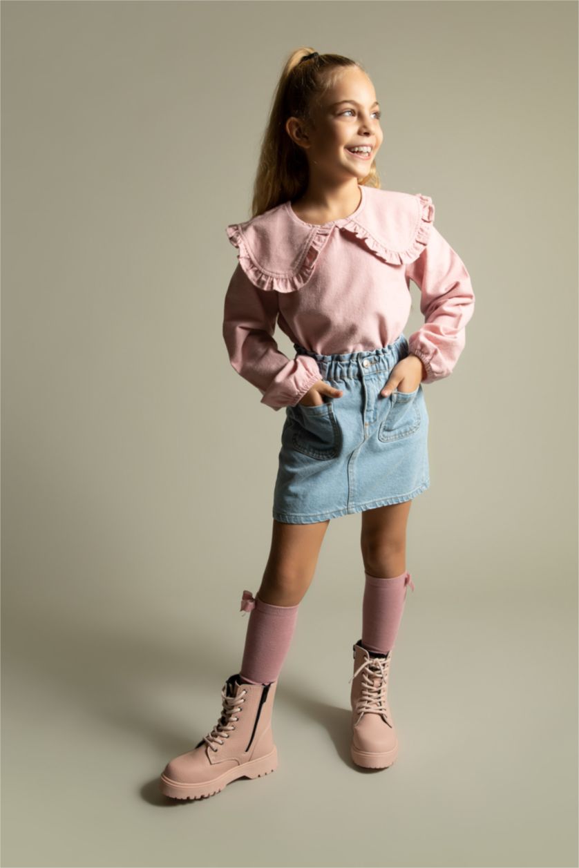 بنات وردي بلوزة بناتي قطن بياقة عريضة وأكمام طويلة