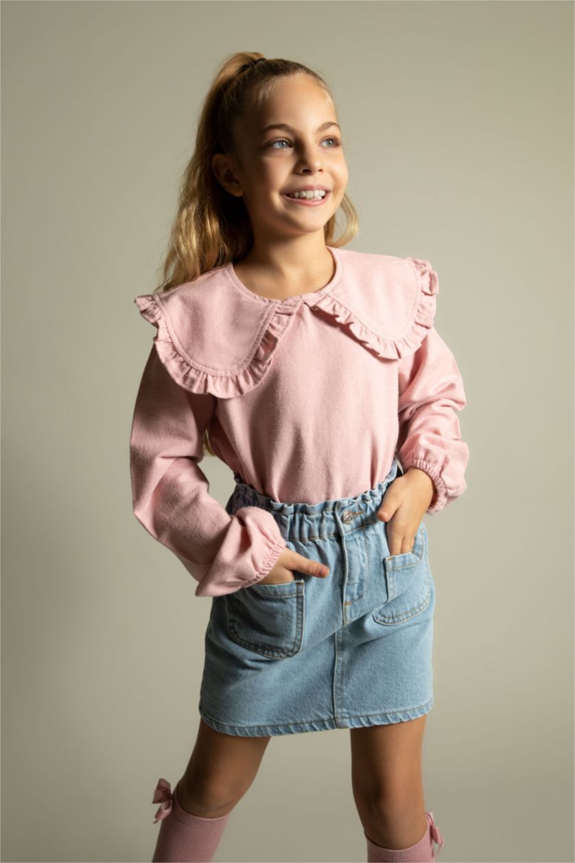 بنات وردي بلوزة بناتي قطن بياقة عريضة وأكمام طويلة