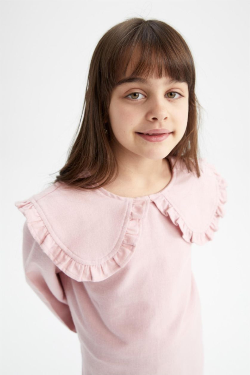 بنات وردي بلوزة بناتي قطن بياقة عريضة وأكمام طويلة