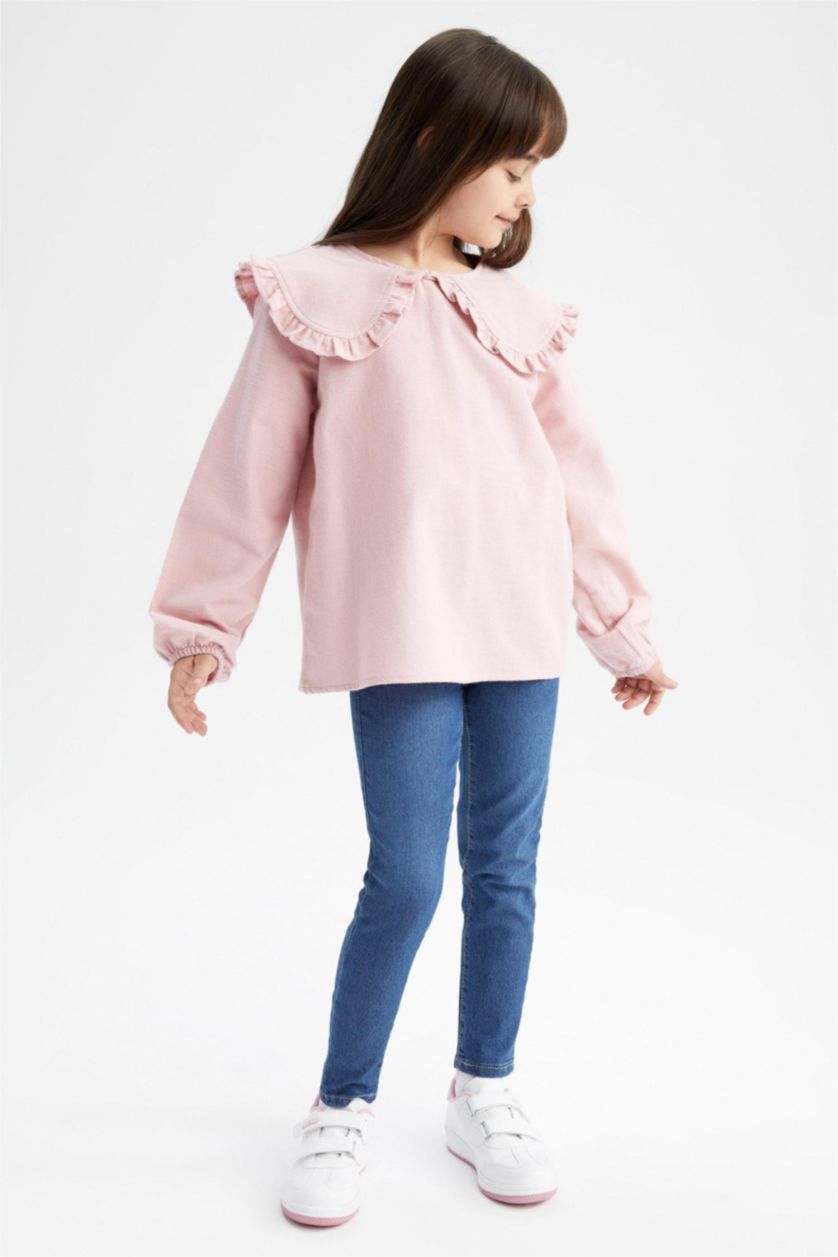 بنات وردي بلوزة بناتي قطن بياقة عريضة وأكمام طويلة