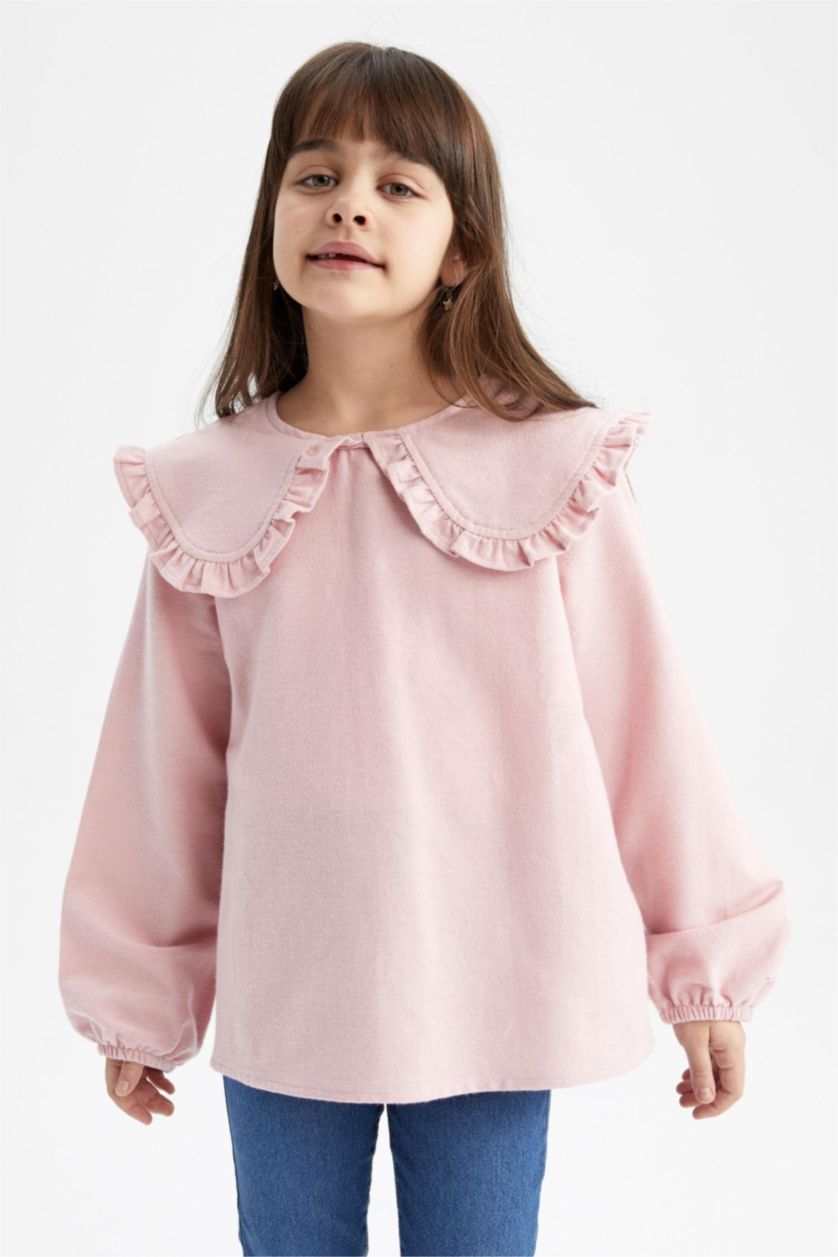 بنات وردي بلوزة بناتي قطن بياقة عريضة وأكمام طويلة