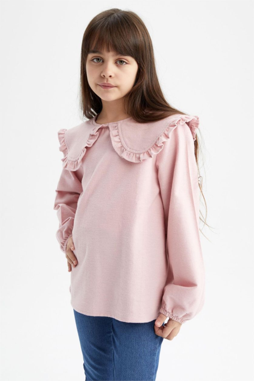 بنات وردي بلوزة بناتي قطن بياقة عريضة وأكمام طويلة