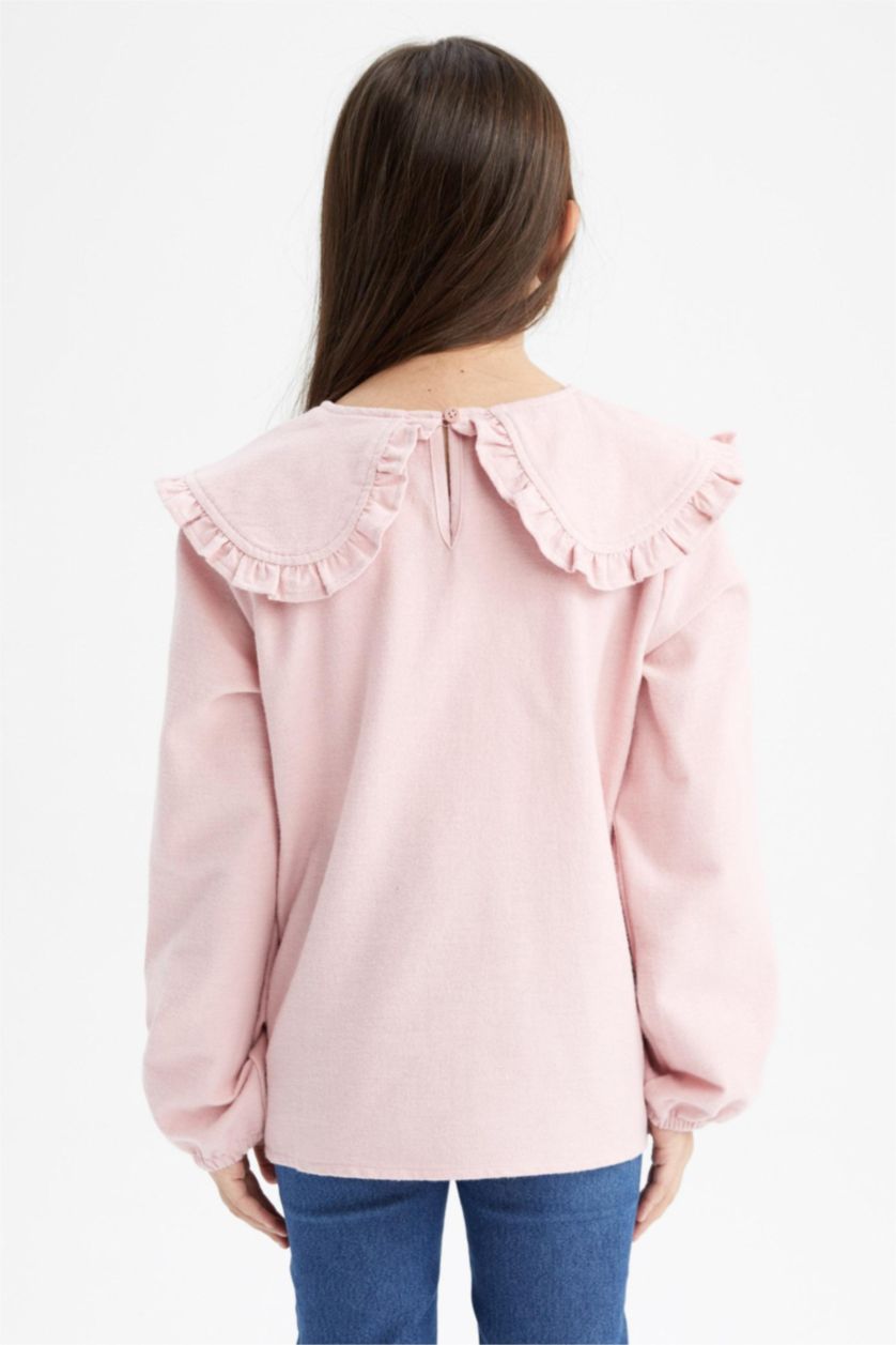 بنات وردي بلوزة بناتي قطن بياقة عريضة وأكمام طويلة