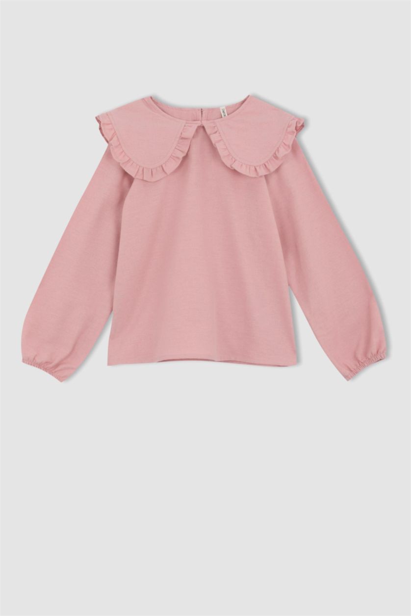 بنات وردي بلوزة بناتي قطن بياقة عريضة وأكمام طويلة