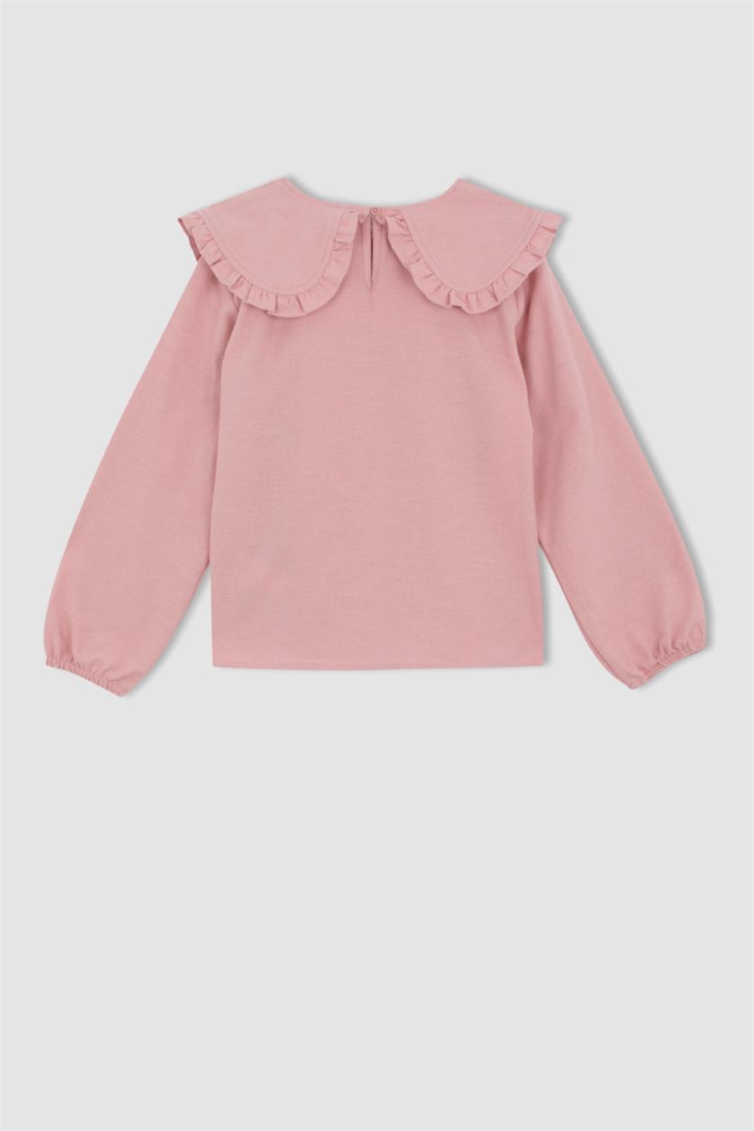 بنات وردي بلوزة بناتي قطن بياقة عريضة وأكمام طويلة