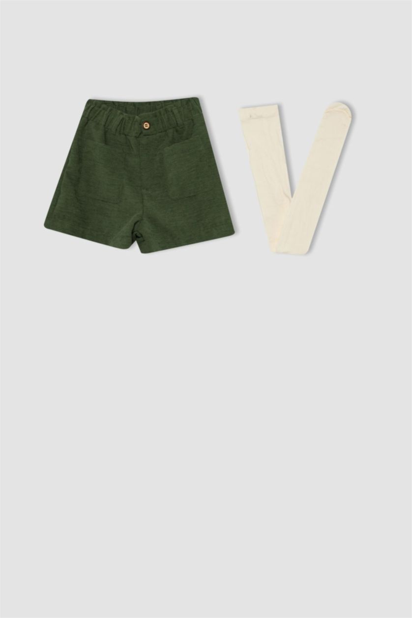 GIRLS & TEENS Dark Green Girl Velvet Shorts Socks Set - 2