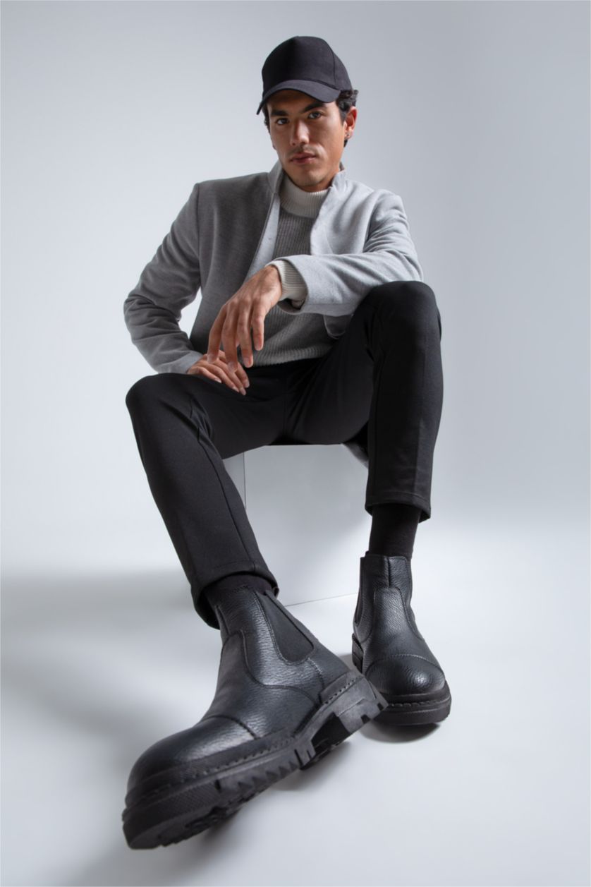 Erkek Siyah Erkek Kalın Taban Suni Deri Bot