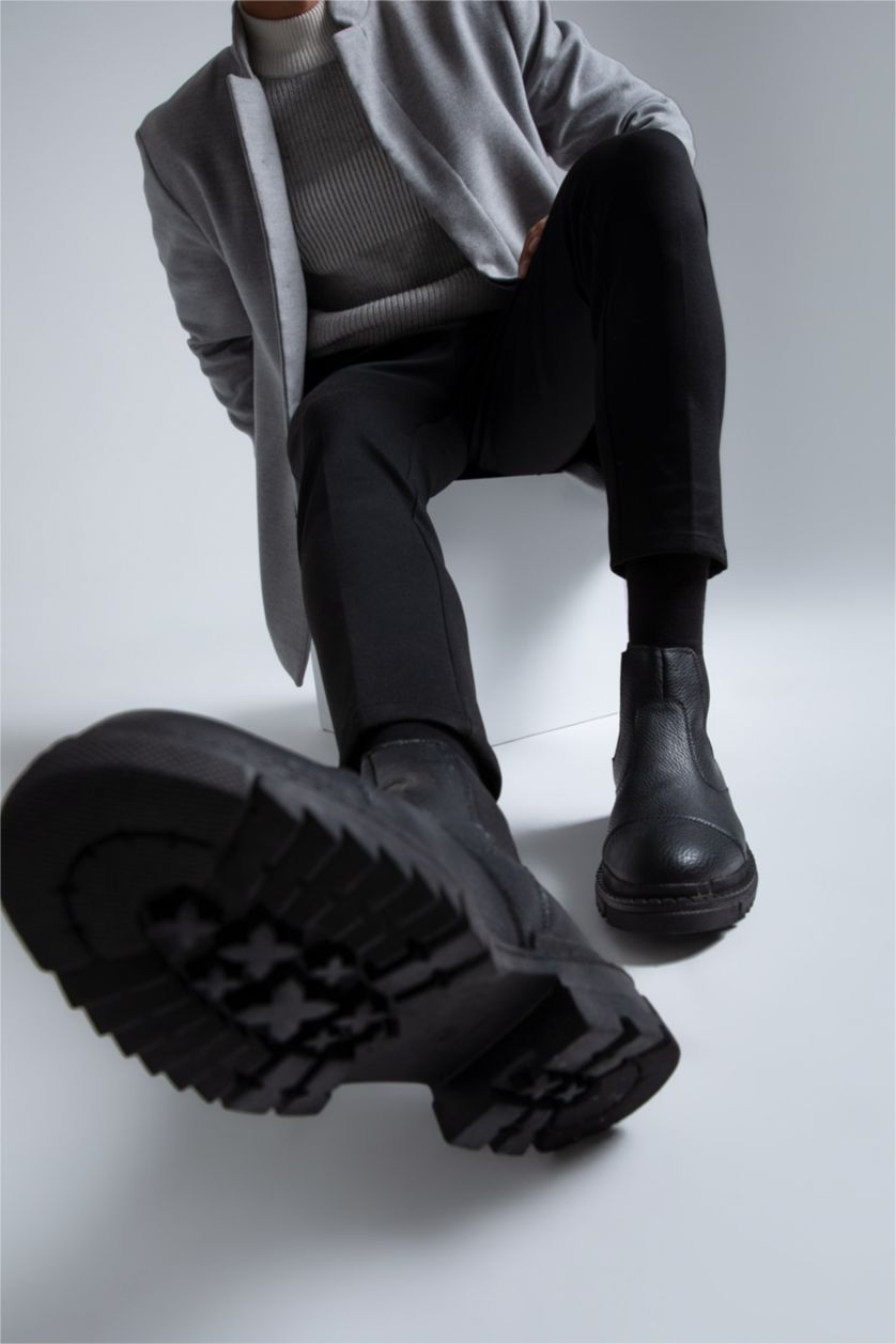 Erkek Siyah Erkek Kalın Taban Suni Deri Bot