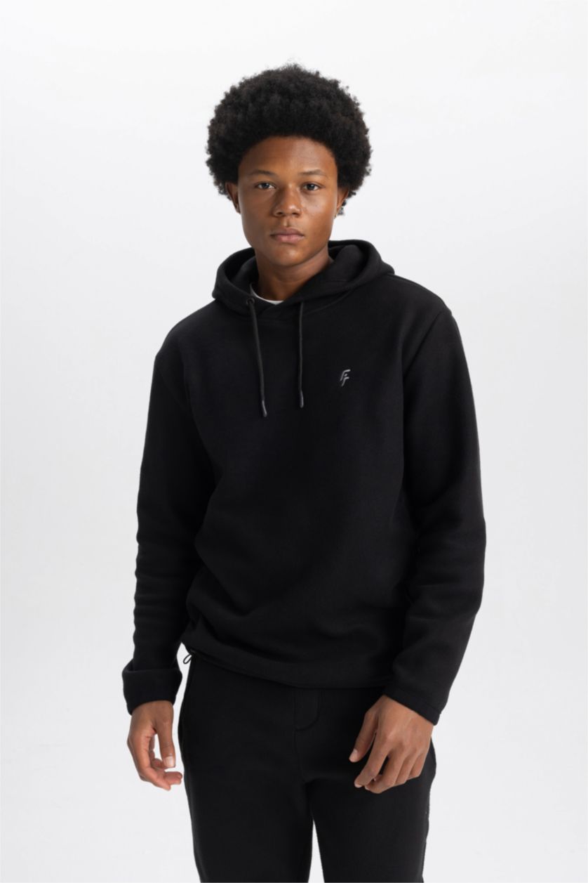 MAN Black DeFactoFit Standard Fit Hooded Fleece Sweatshirt