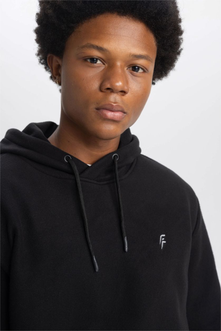 MAN Black DeFactoFit Standard Fit Hooded Fleece Sweatshirt