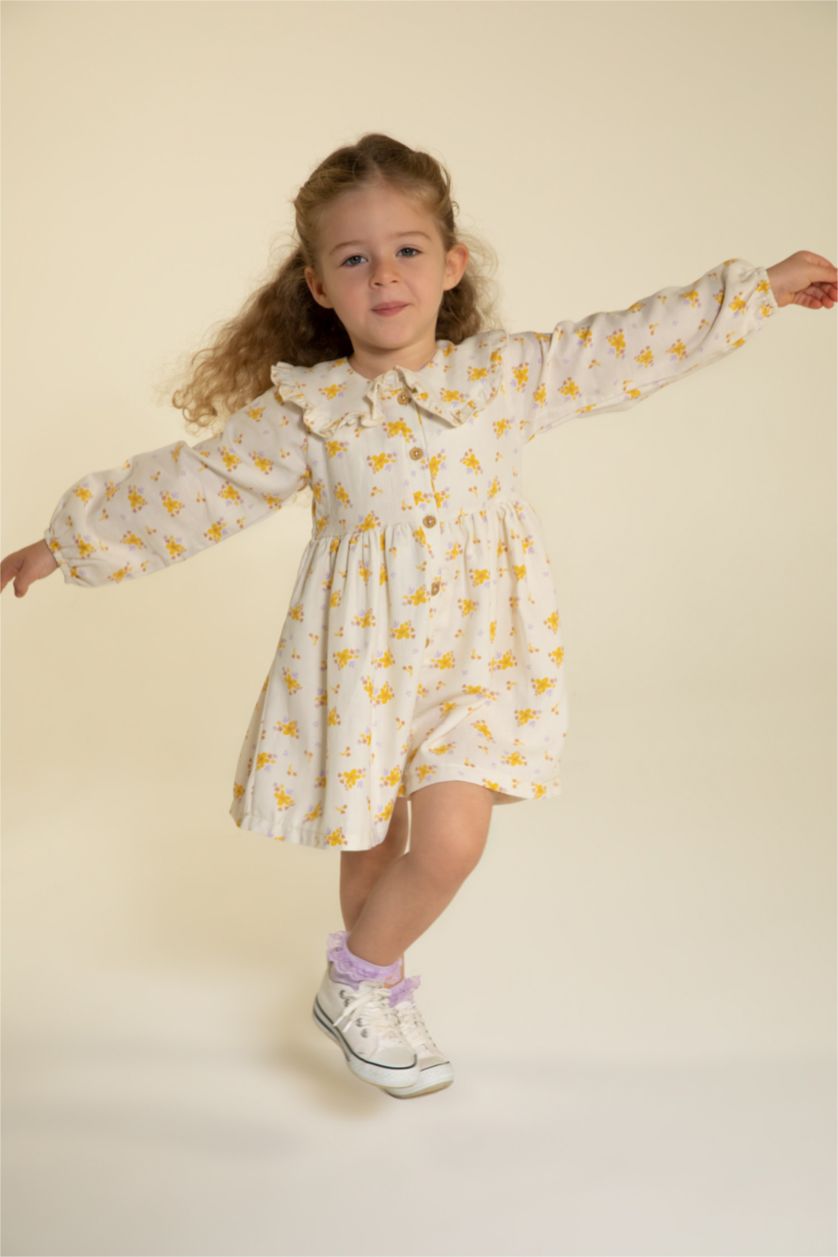 BABY GIRL Beige Regular Fit Flower Long Sleeve Woven Dress