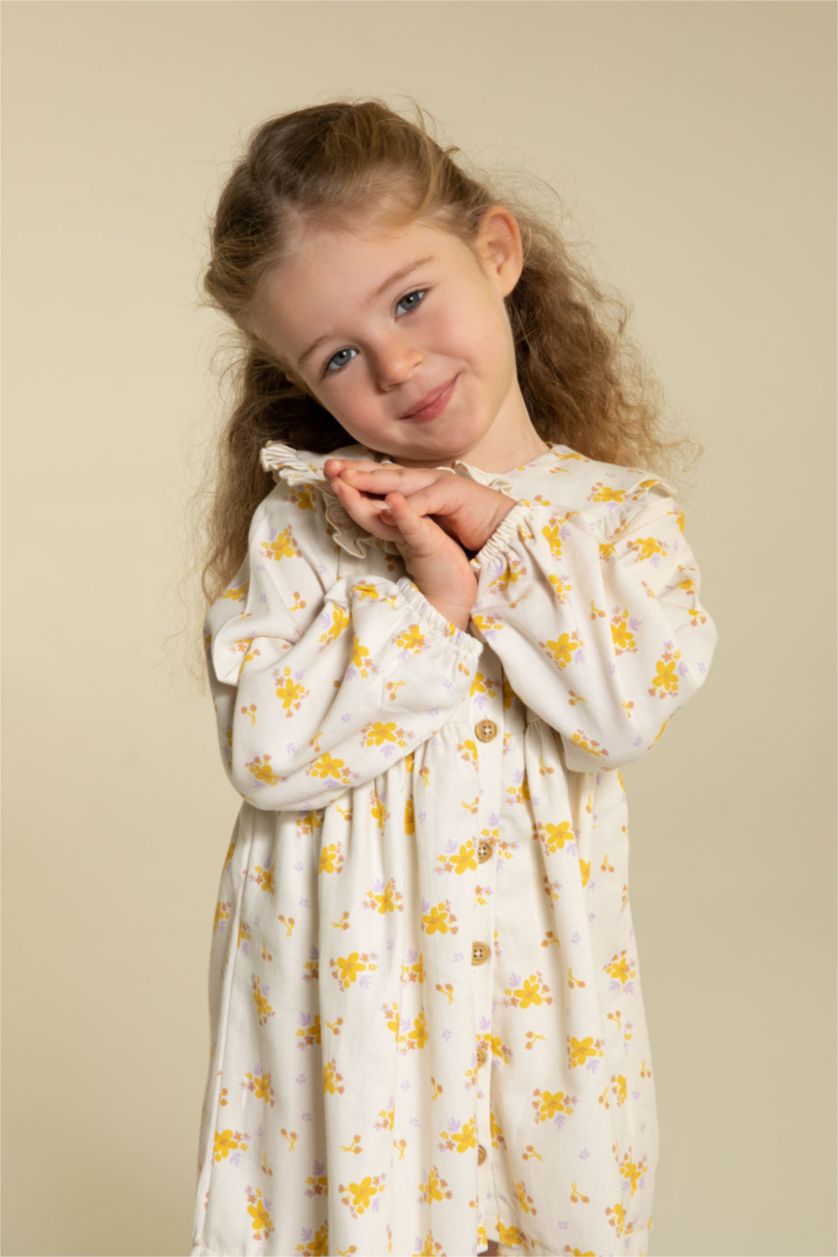 BABY GIRL Beige Regular Fit Flower Long Sleeve Woven Dress