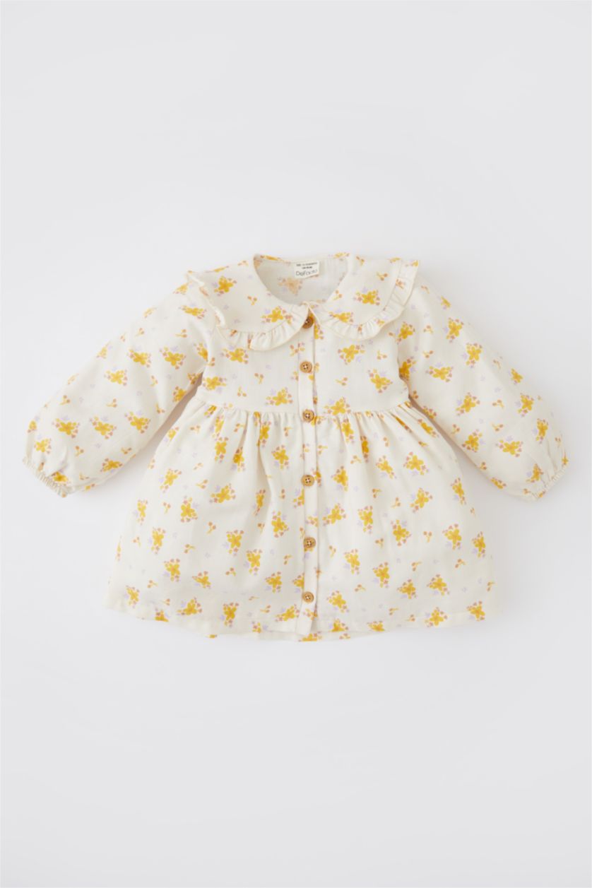 BABY GIRL Beige Regular Fit Flower Long Sleeve Woven Dress