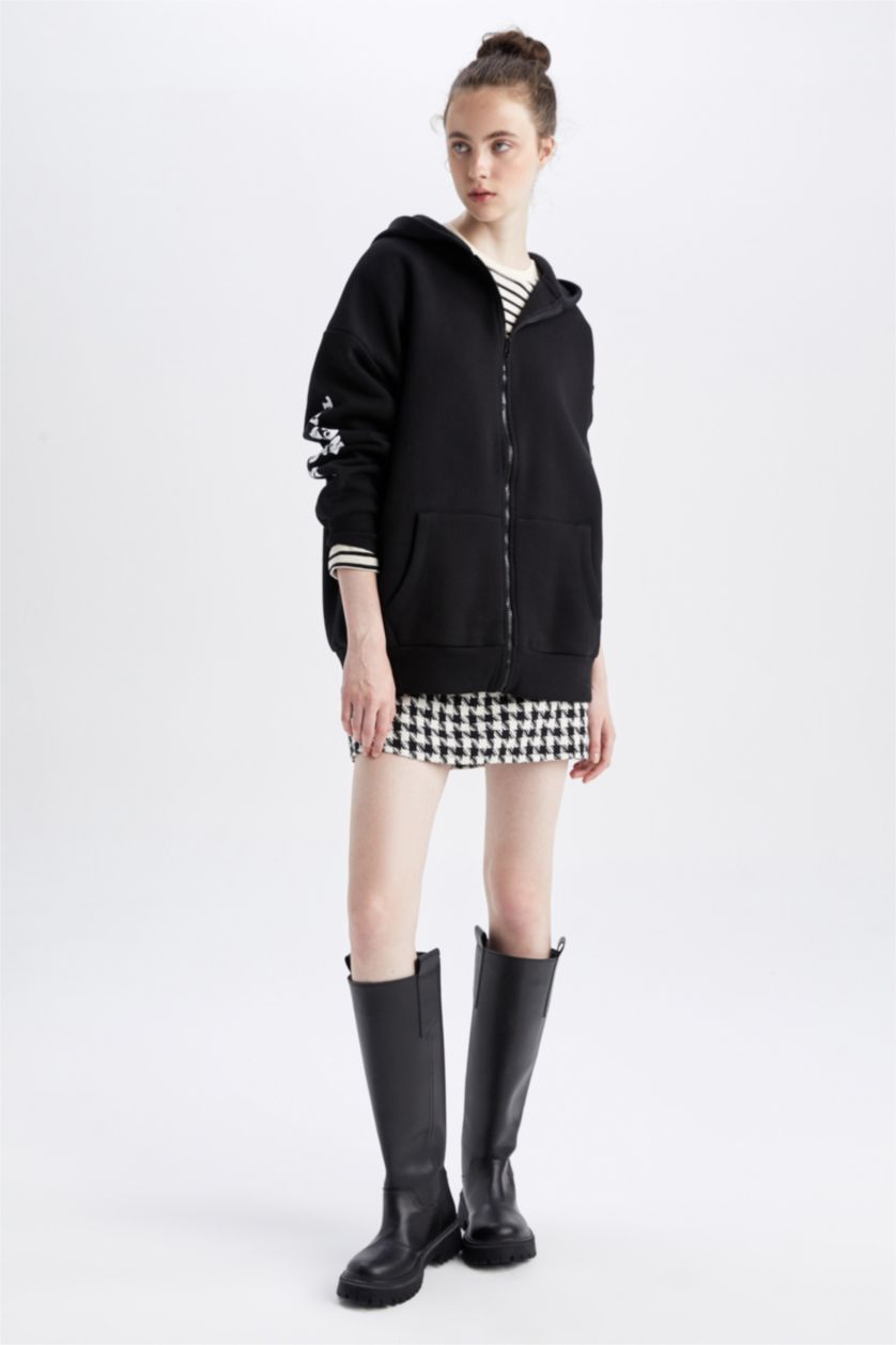 WOMAN Black Oversize Fit Thick Sweatshirt Fabric Cardigan