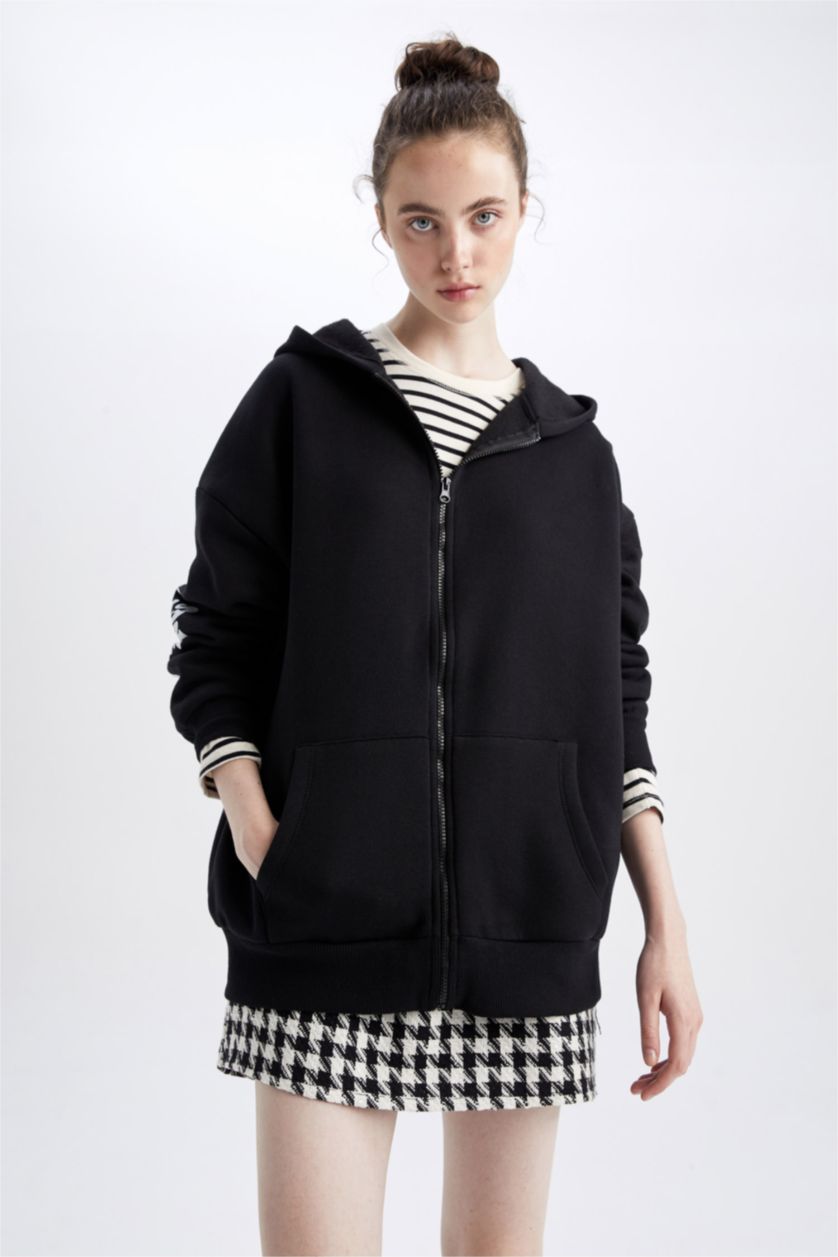 WOMAN Black Oversize Fit Thick Sweatshirt Fabric Cardigan