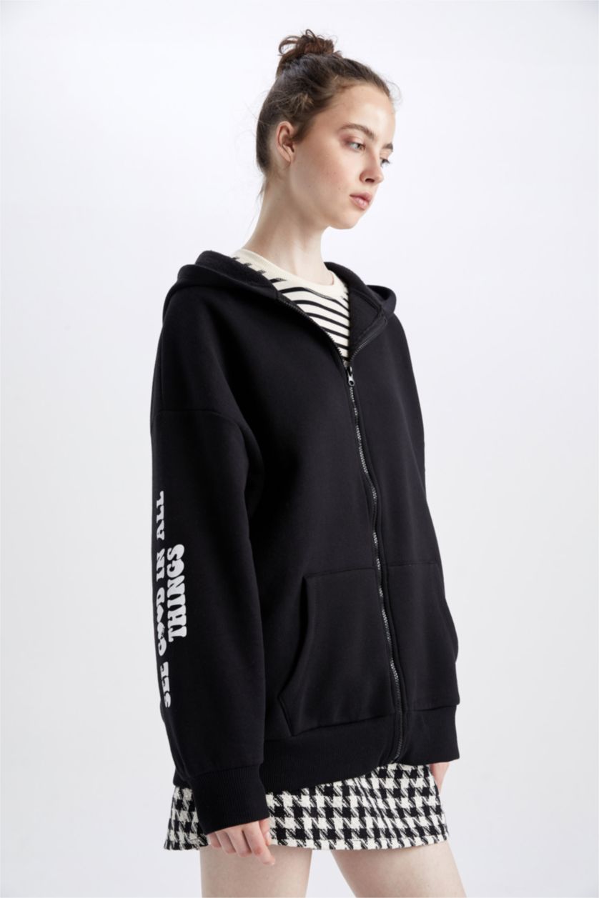 WOMAN Black Oversize Fit Thick Sweatshirt Fabric Cardigan