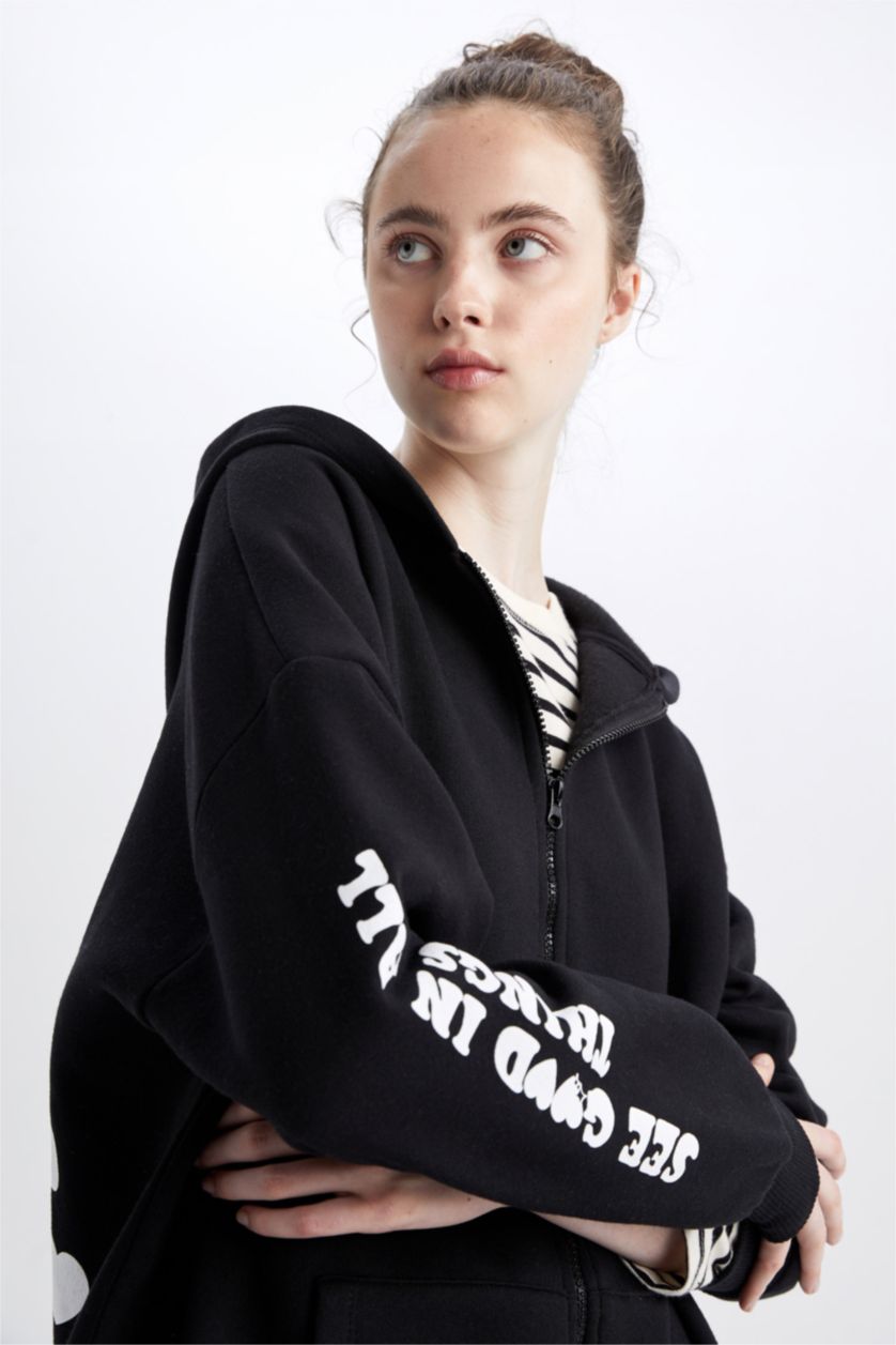 WOMAN Black Oversize Fit Thick Sweatshirt Fabric Cardigan