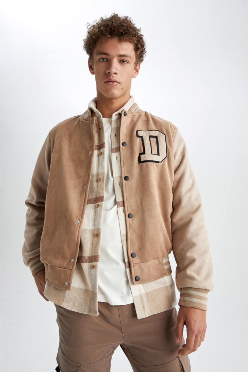 HOMME Beige Veste bomber légère Oversize avec broderie à col collège et poches pour Homme