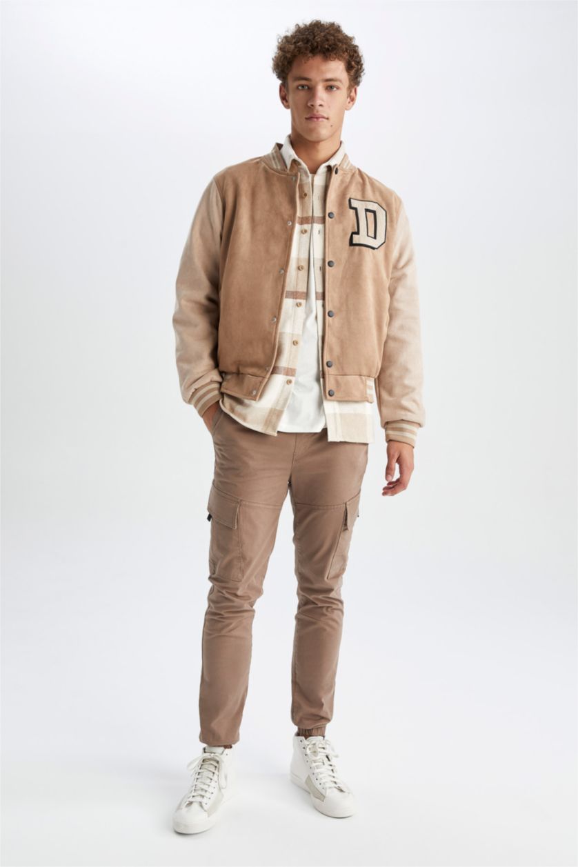 HOMME Beige Veste bomber légère Oversize avec broderie à col collège et poches pour Homme