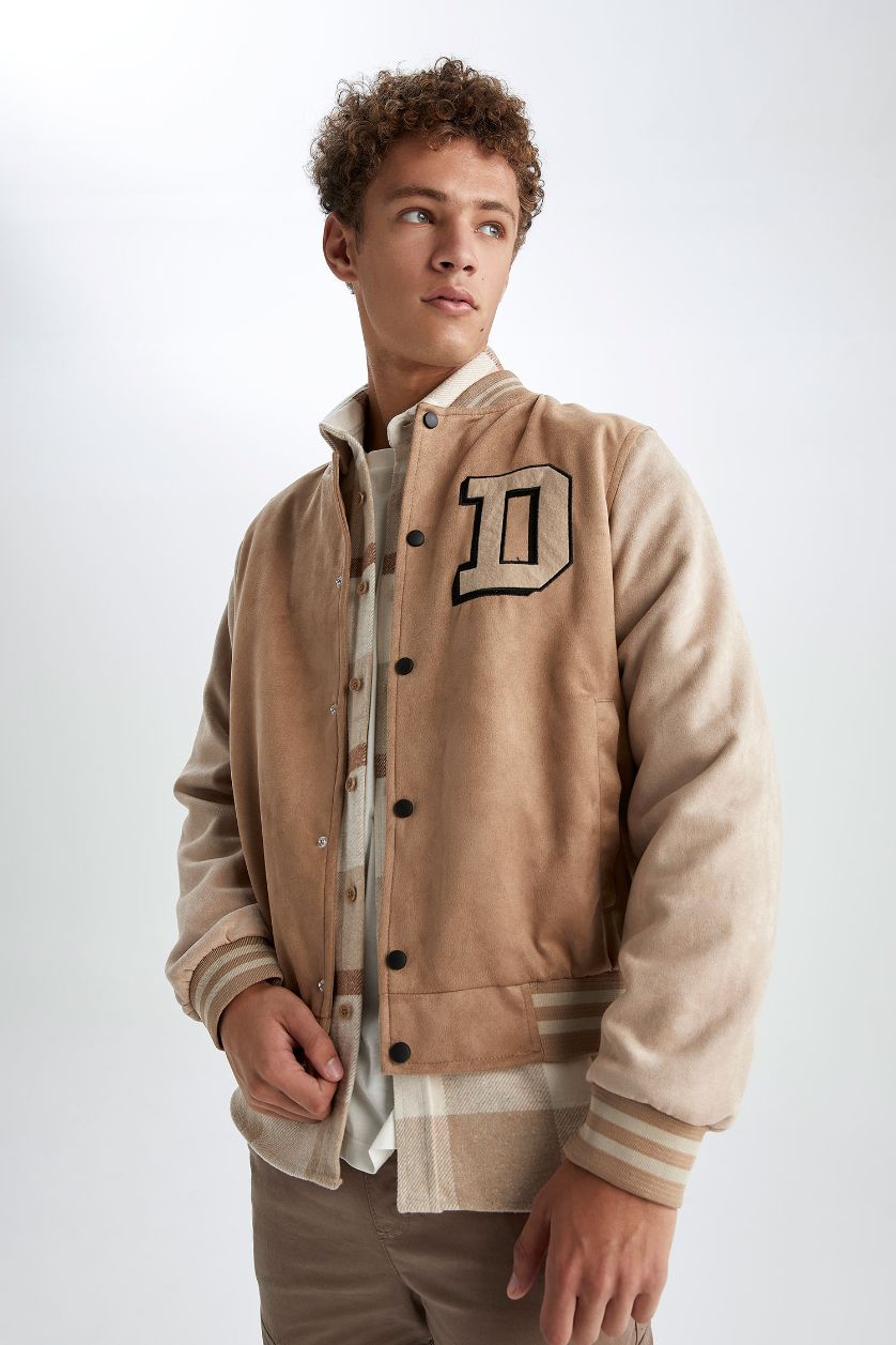 HOMME Beige Veste bomber légère Oversize avec broderie à col collège et poches pour Homme