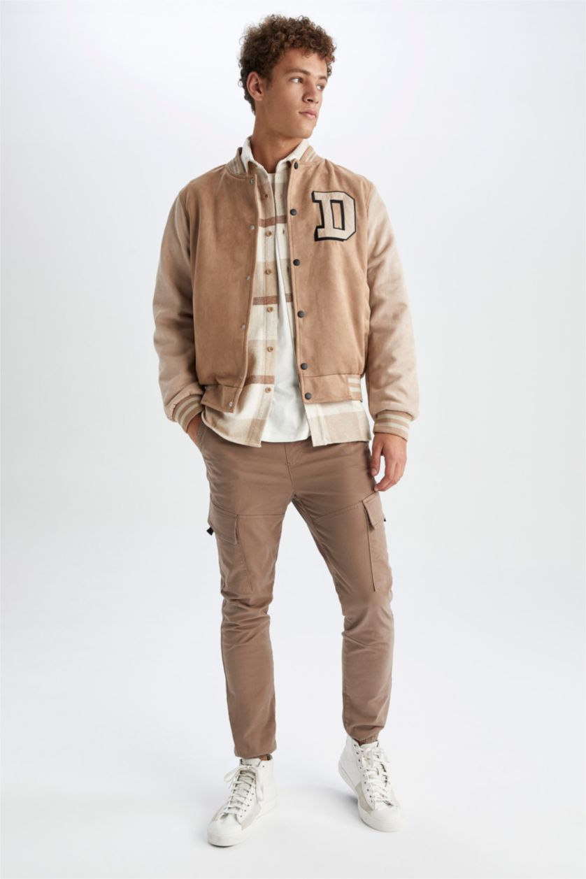 HOMME Beige Veste bomber légère Oversize avec broderie à col collège et poches pour Homme
