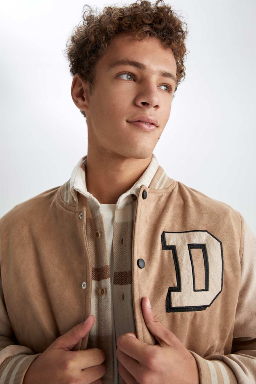 HOMME Beige Veste bomber légère Oversize avec broderie à col collège et poches pour Homme