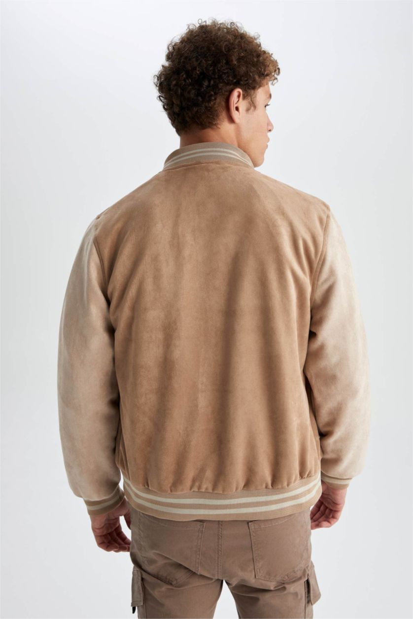 HOMME Beige Veste bomber légère Oversize avec broderie à col collège et poches pour Homme