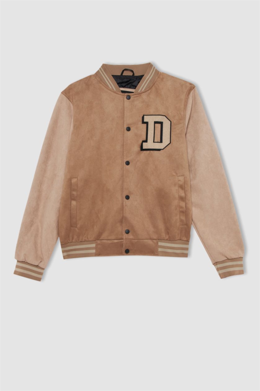 HOMME Beige Veste bomber légère Oversize avec broderie à col collège et poches pour Homme