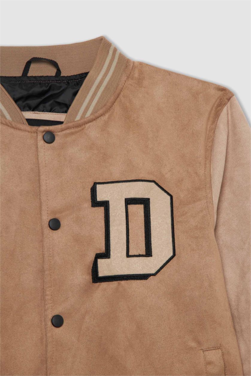 HOMME Beige Veste bomber légère Oversize avec broderie à col collège et poches pour Homme