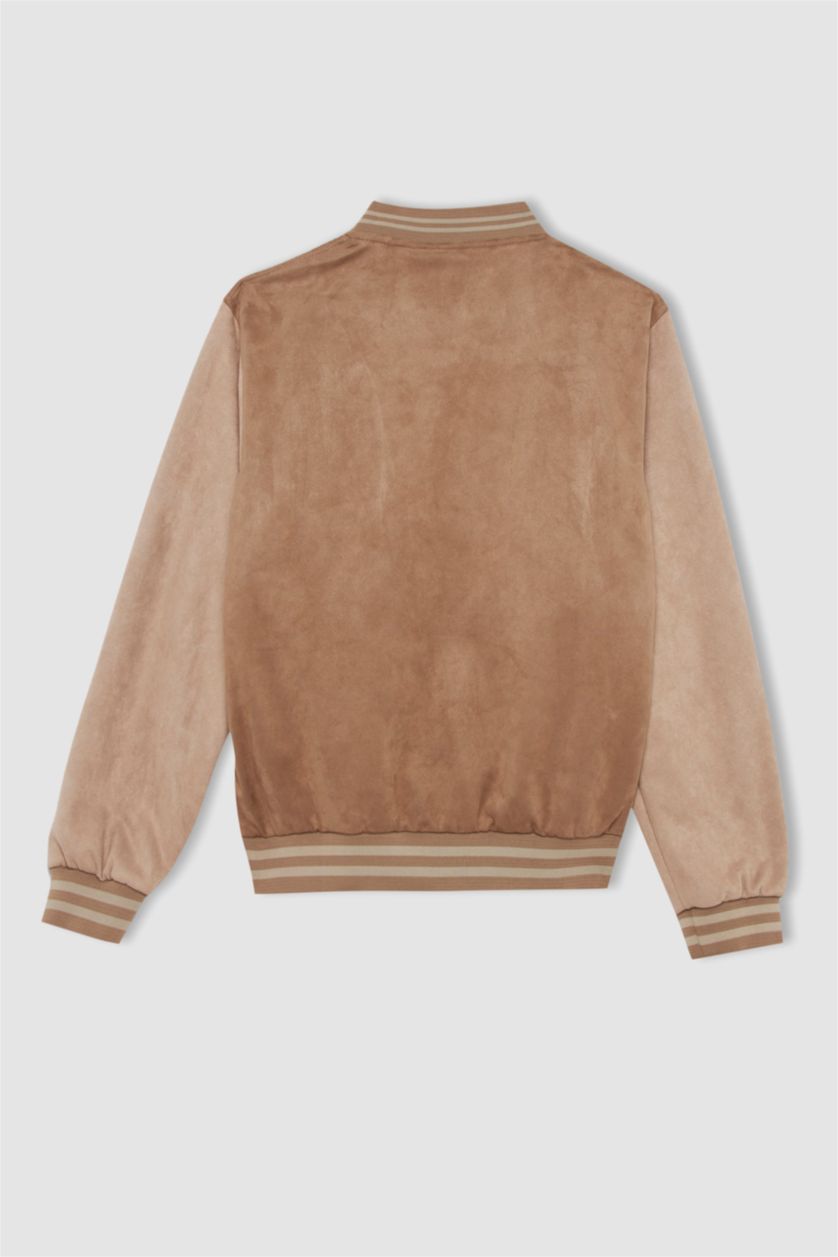 HOMME Beige Veste bomber légère Oversize avec broderie à col collège et poches pour Homme