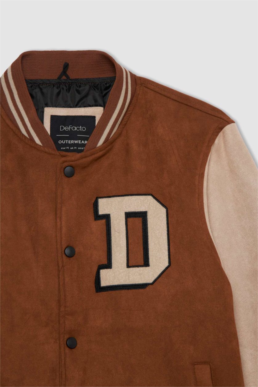 Erkek Camel Oversize Fit Kolej Yaka Nakışlı Çıtçıt Kapamalı Çift Cepli Mevsimlik Hafif İnce Süet Bomber Mont Ceket