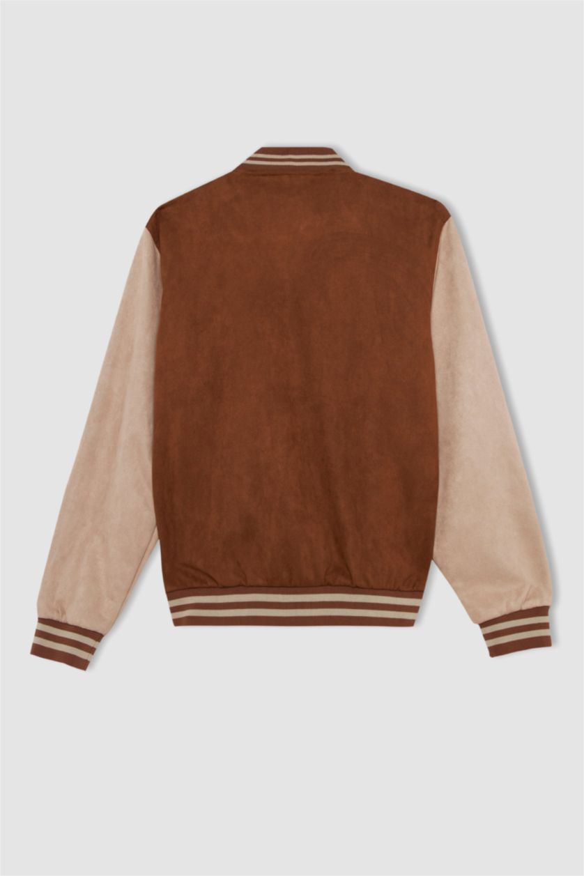 Erkek Camel Oversize Fit Kolej Yaka Nakışlı Çıtçıt Kapamalı Çift Cepli Mevsimlik Hafif İnce Süet Bomber Mont Ceket