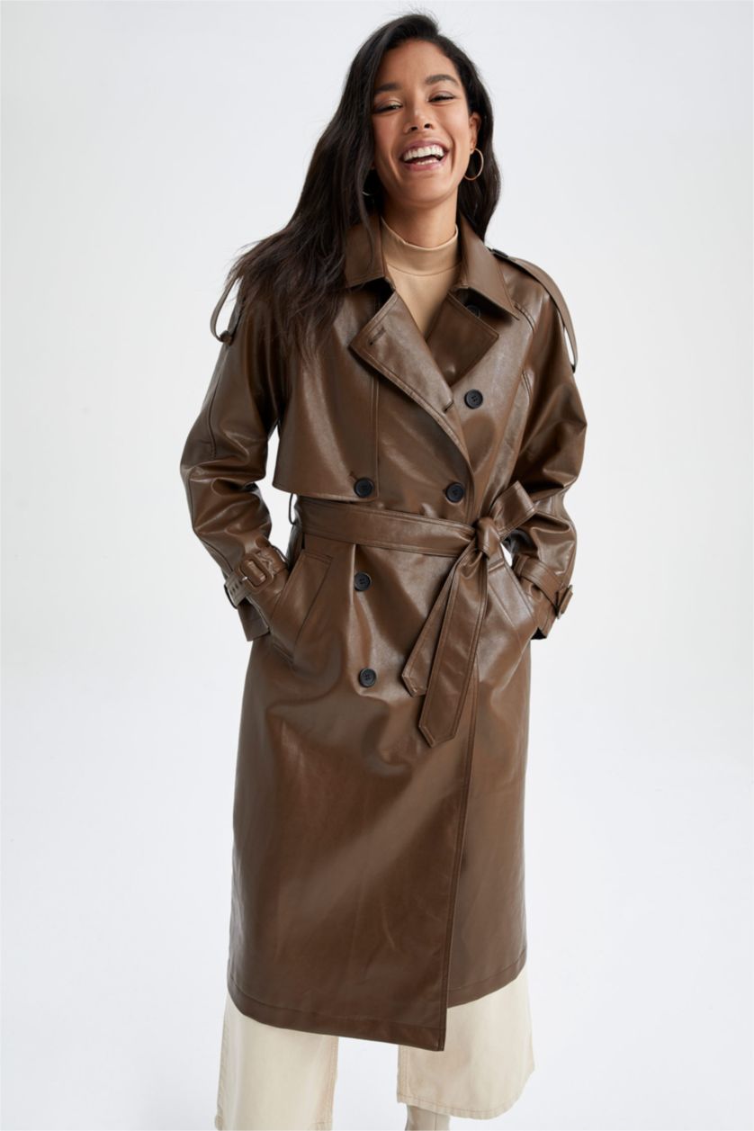 Woman Brown Water Repellent Faux Leather Belted Trench Coat