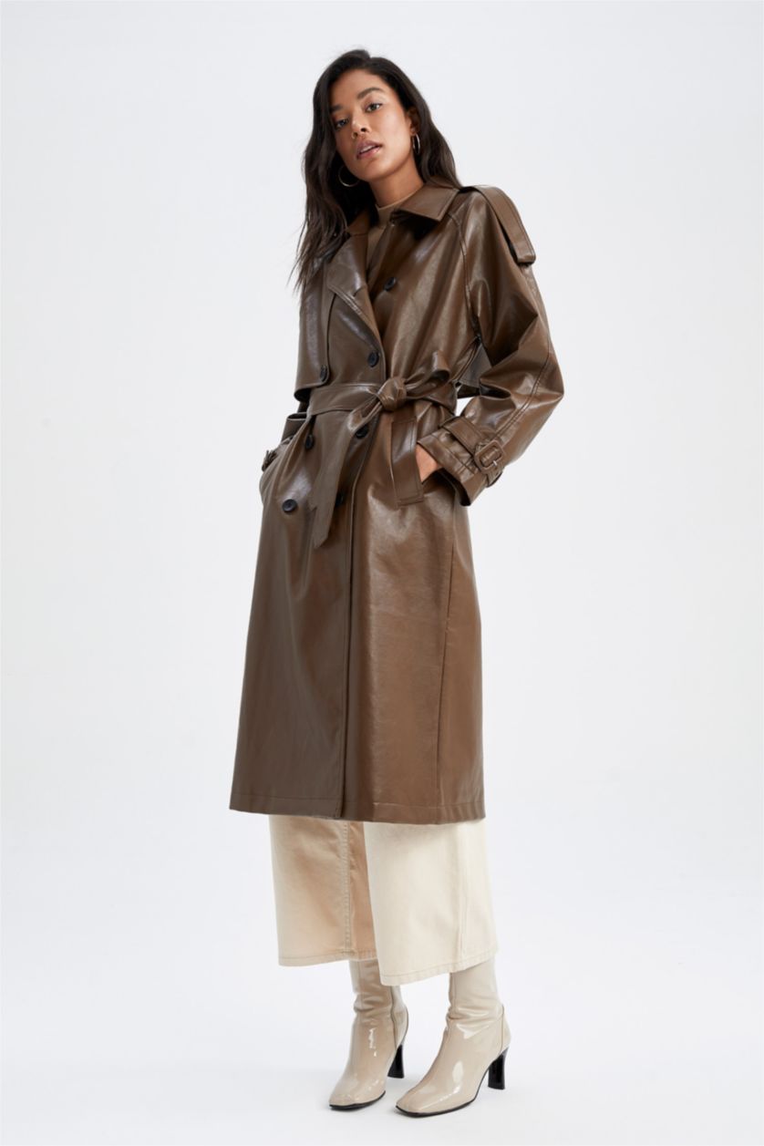 Woman Brown Water Repellent Faux Leather Belted Trench Coat