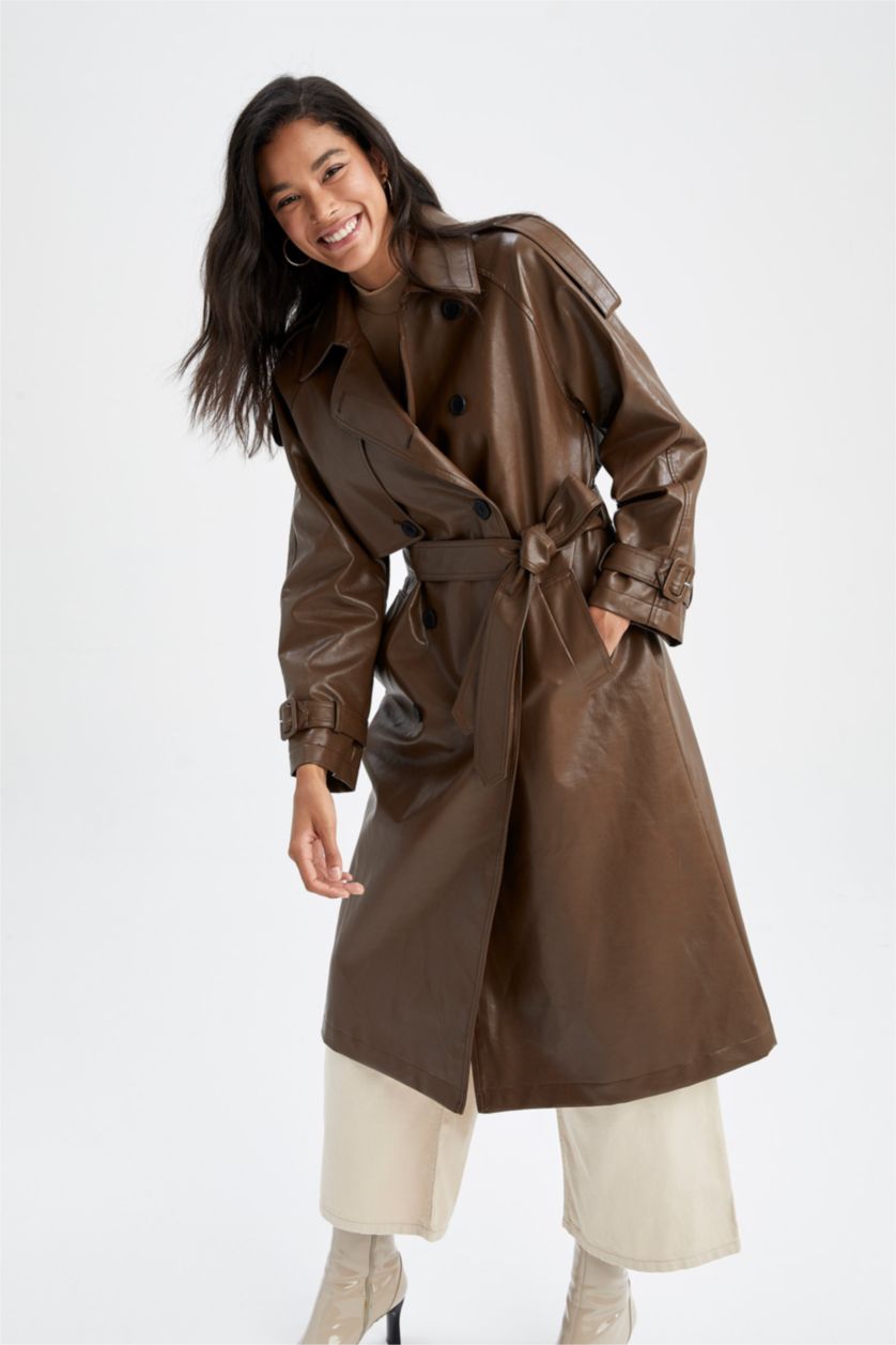 Woman Brown Water Repellent Faux Leather Belted Trench Coat