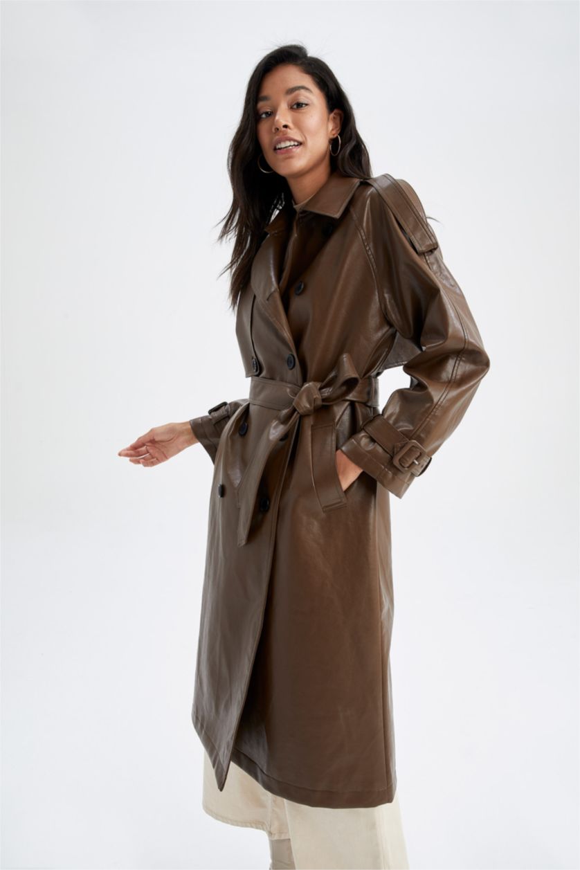 Woman Brown Water Repellent Faux Leather Belted Trench Coat