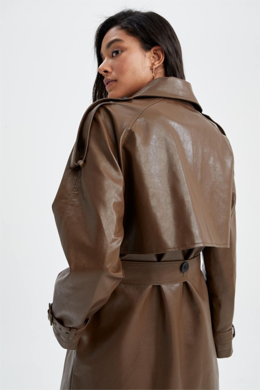Woman Brown Water Repellent Faux Leather Belted Trench Coat