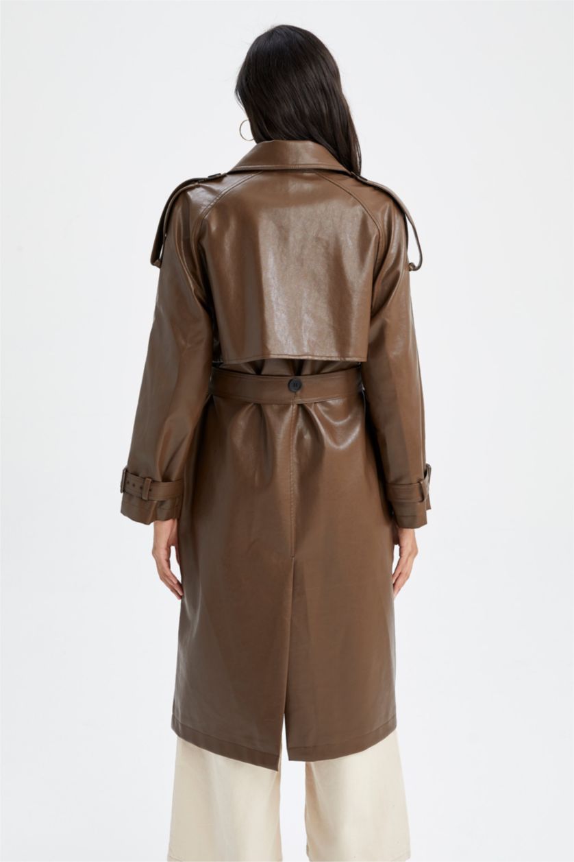 Woman Brown Water Repellent Faux Leather Belted Trench Coat
